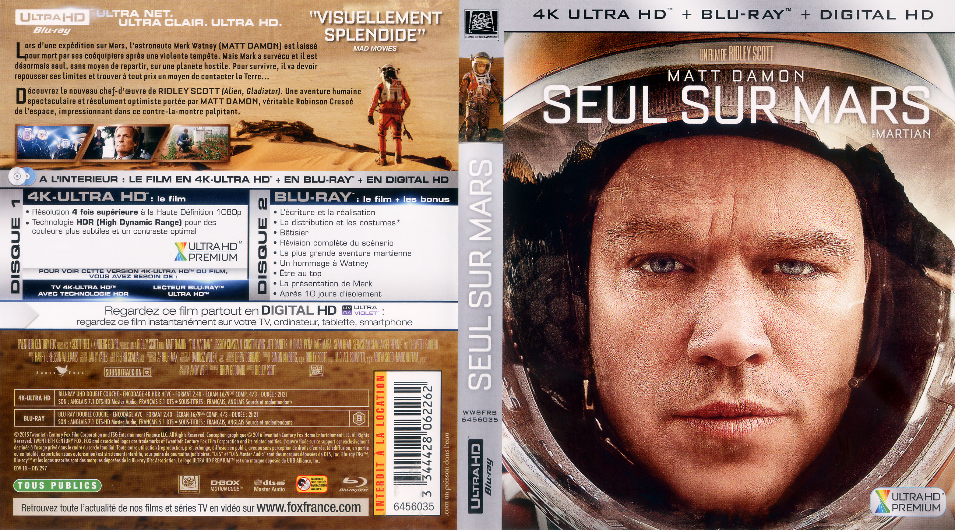 Jaquette DVD Seul sur Mars 4K (BLU-RAY)