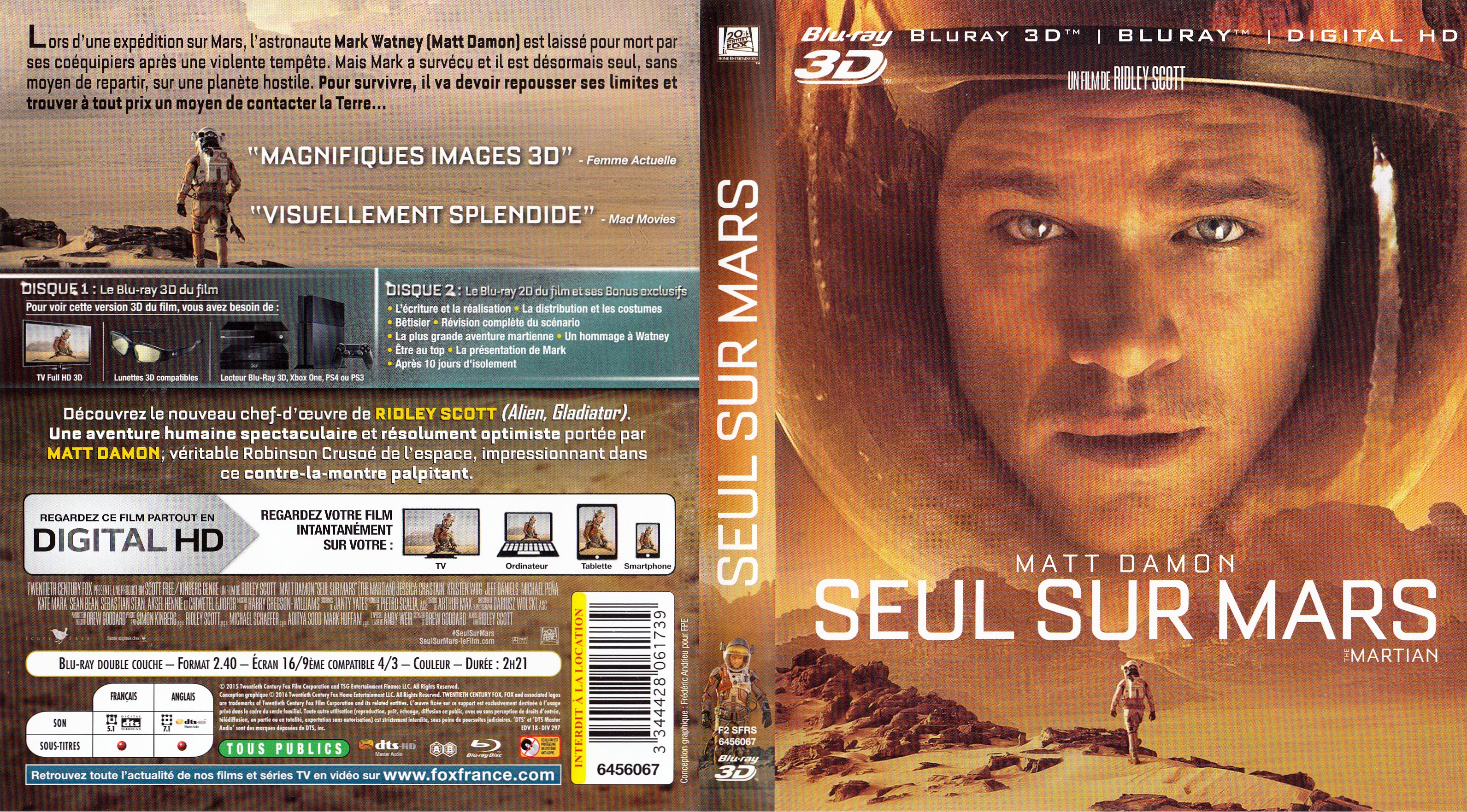 Jaquette DVD Seul sur mars 3D (BLU-RAY) 