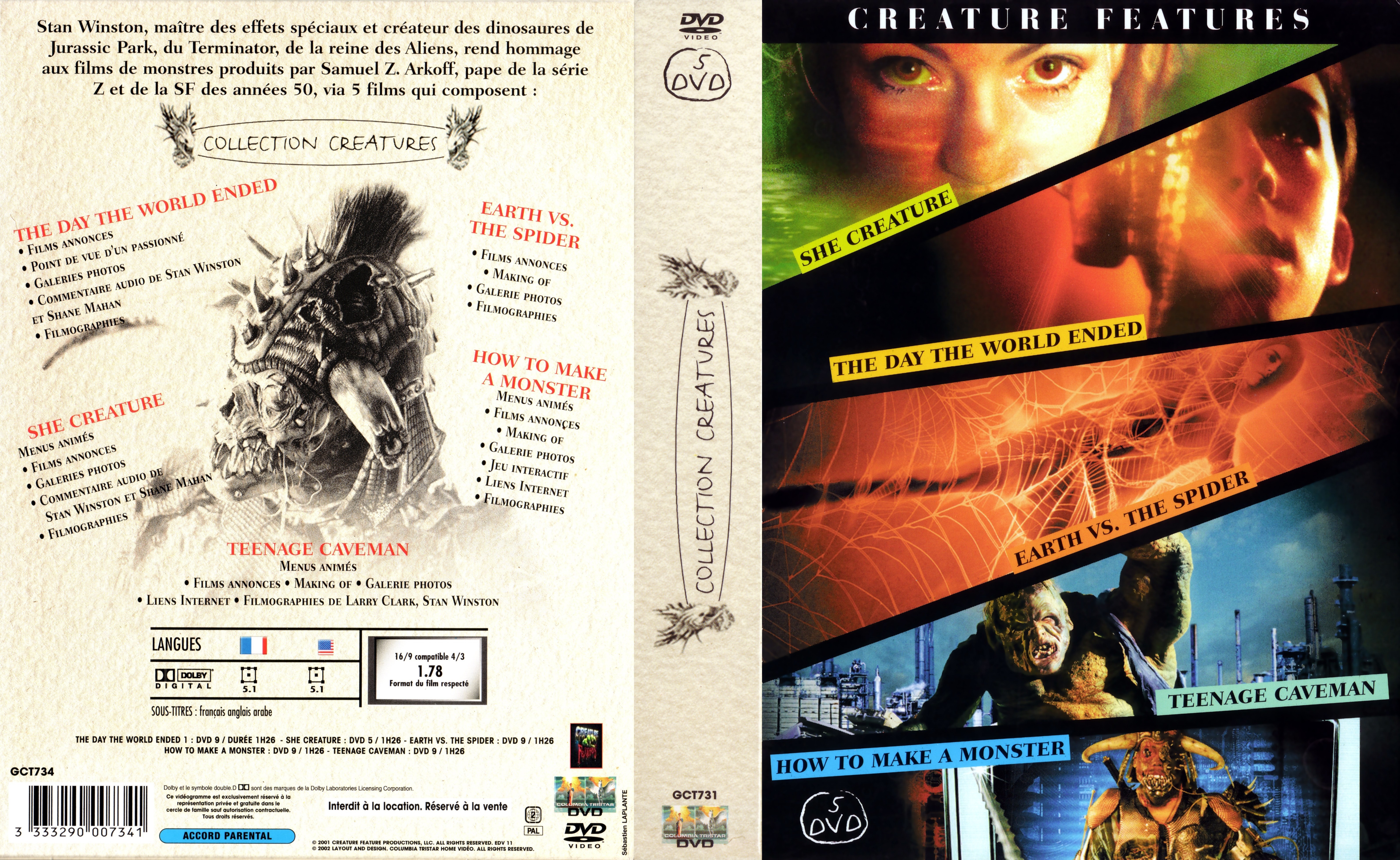 Jaquette DVD She creature + The day the world ended + Earth vs The Spider + Teenage caveman + How to make a monster COFFRET