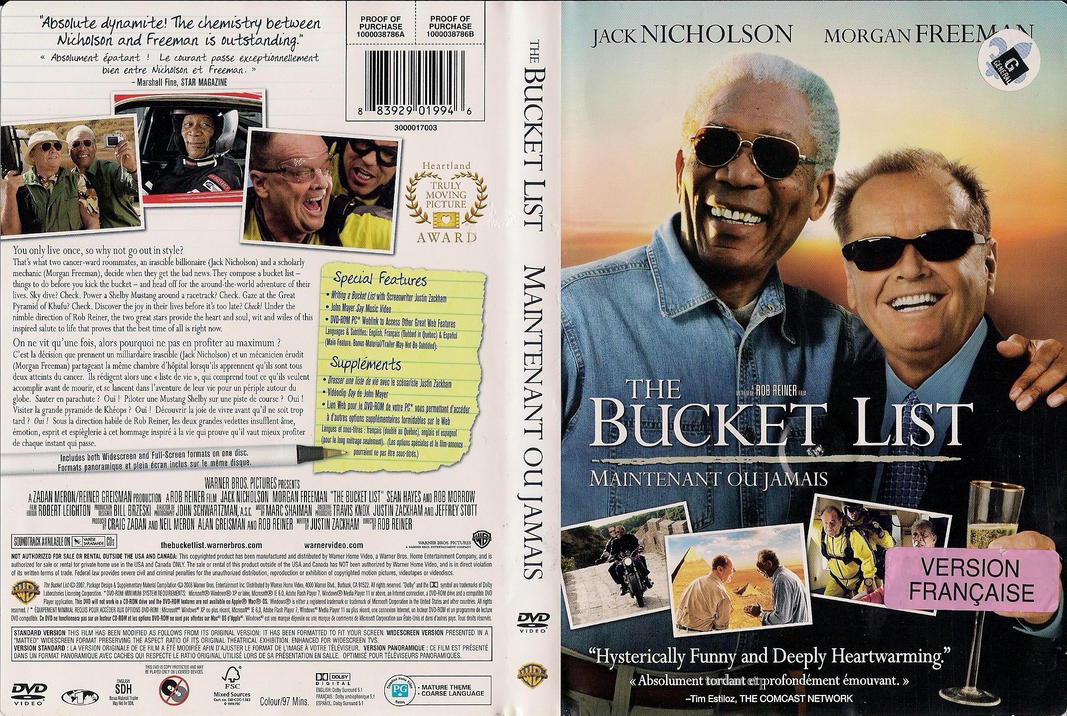 Jaquette DVD The bucket list - Maintenant ou jamais (Canadienne)