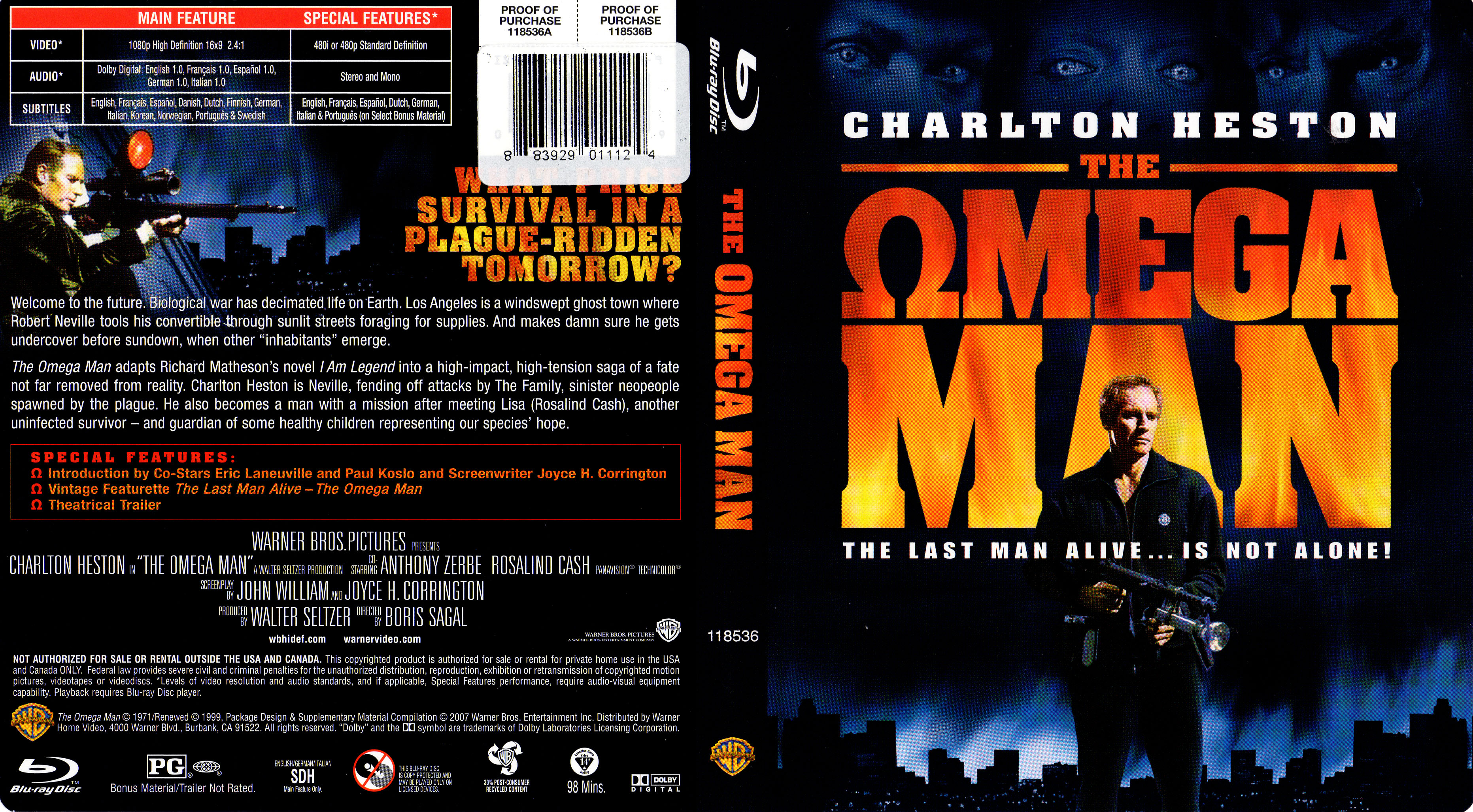 Jaquette DVD The omega man - Le Survivant Zone 1 (BLU-RAY)