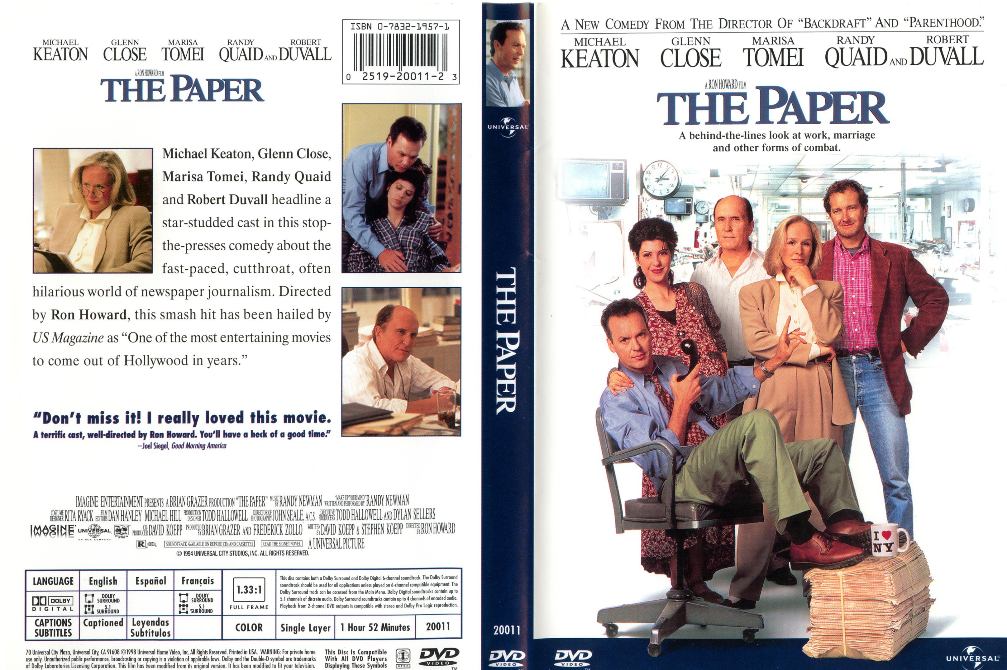 Jaquette DVD The paper - Le journal Zone 1