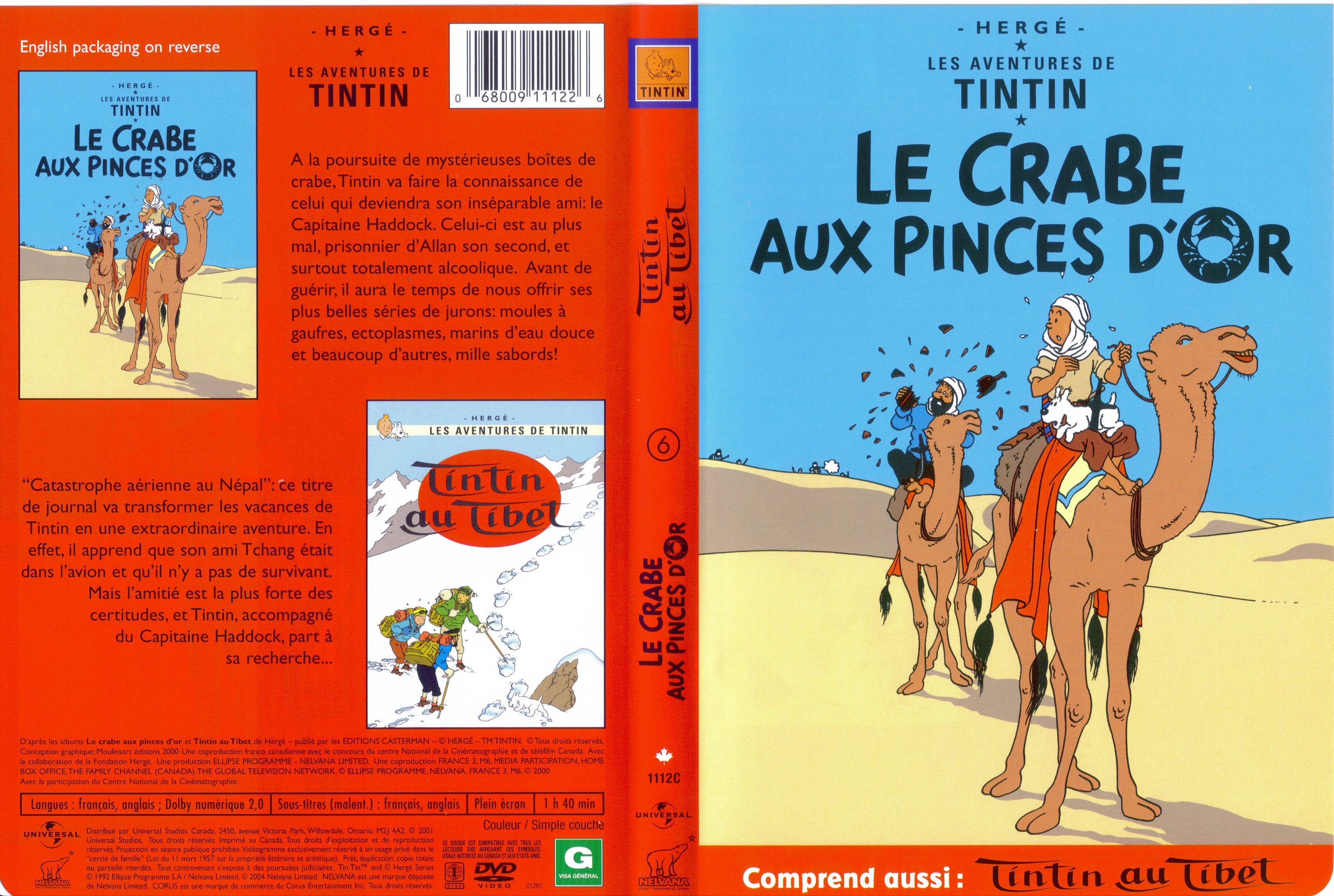 Jaquette DVD Tintin Le crabe aux pinces d or + Tintin au tibet (Canadienne)