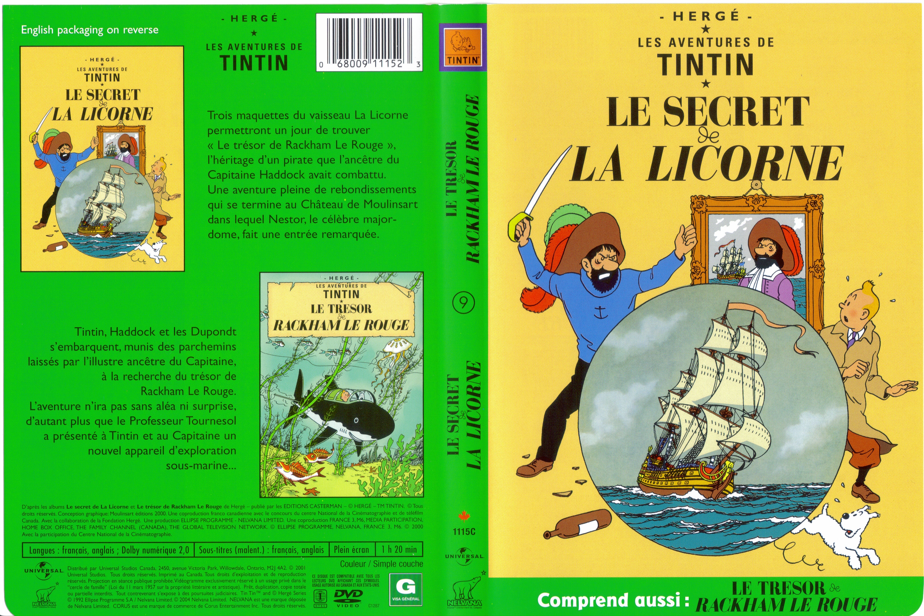 Jaquette DVD Tintin Le secret de la licorne + Le trsor de Rackham le rouge (Canadienne)