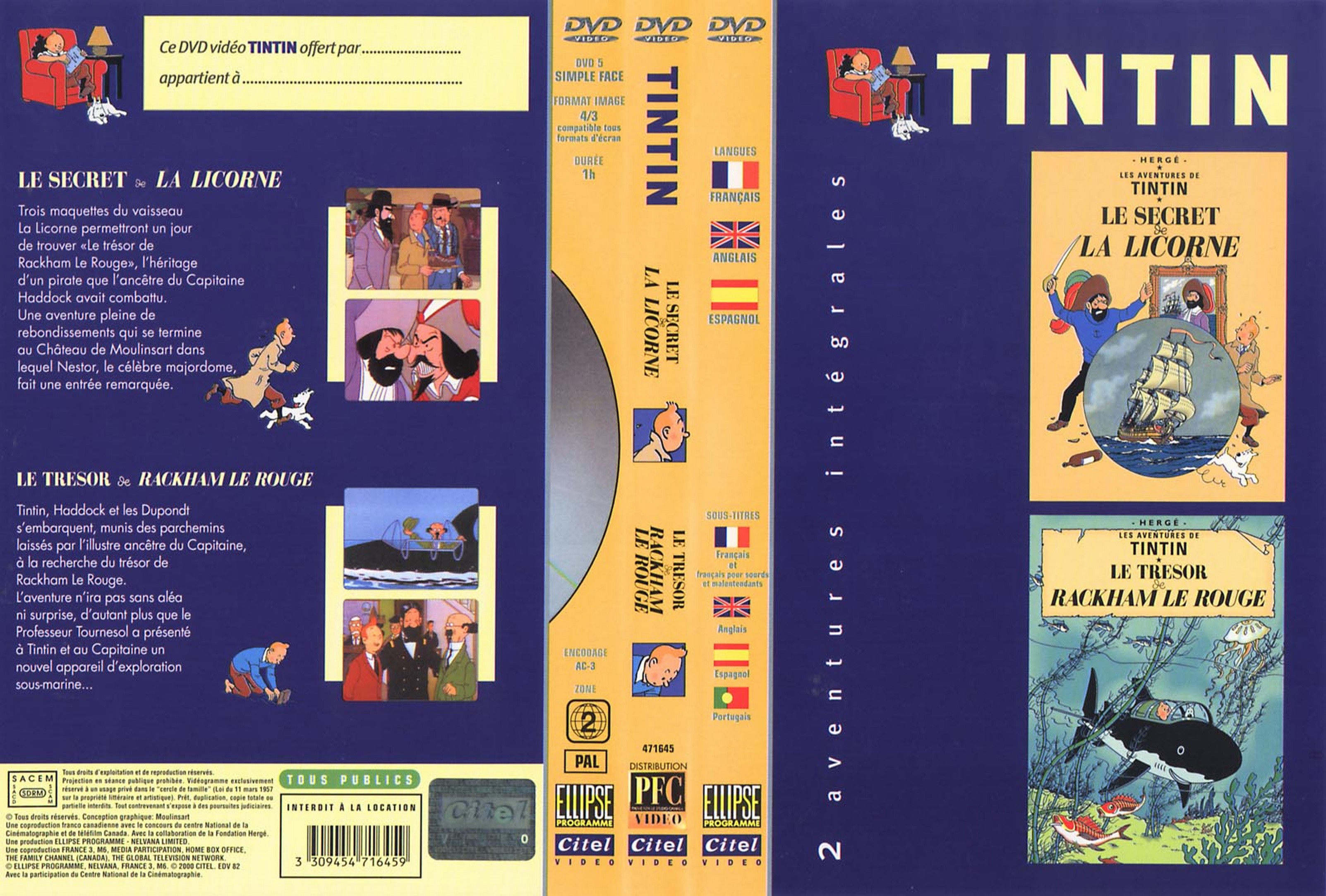 Jaquette DVD Tintin - Le secret de la licorne + Le trsor de Rackham Le Rouge