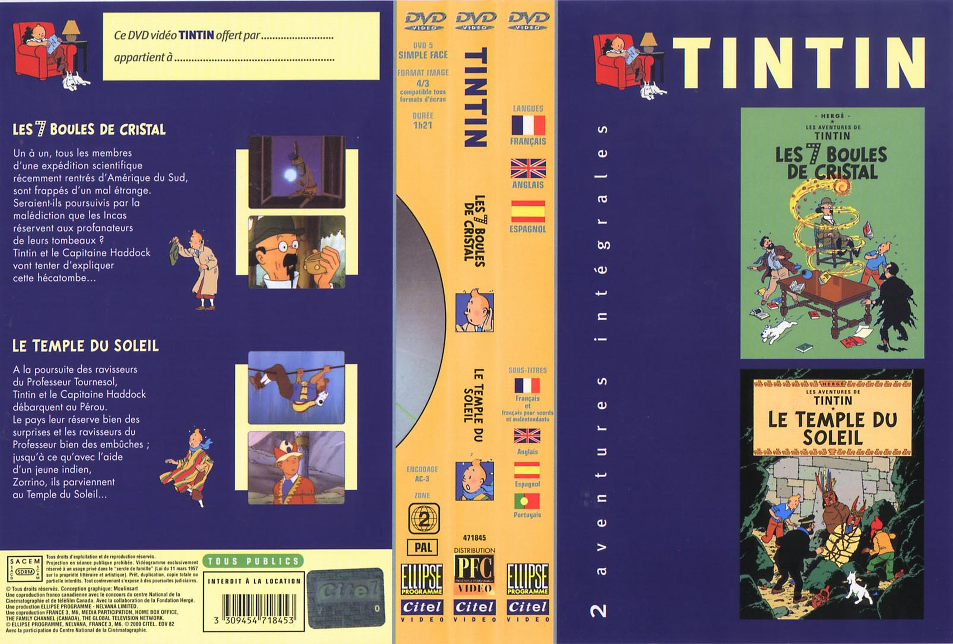 Jaquette DVD Tintin - Les 7 boules de cristal + Le temple du soleil
