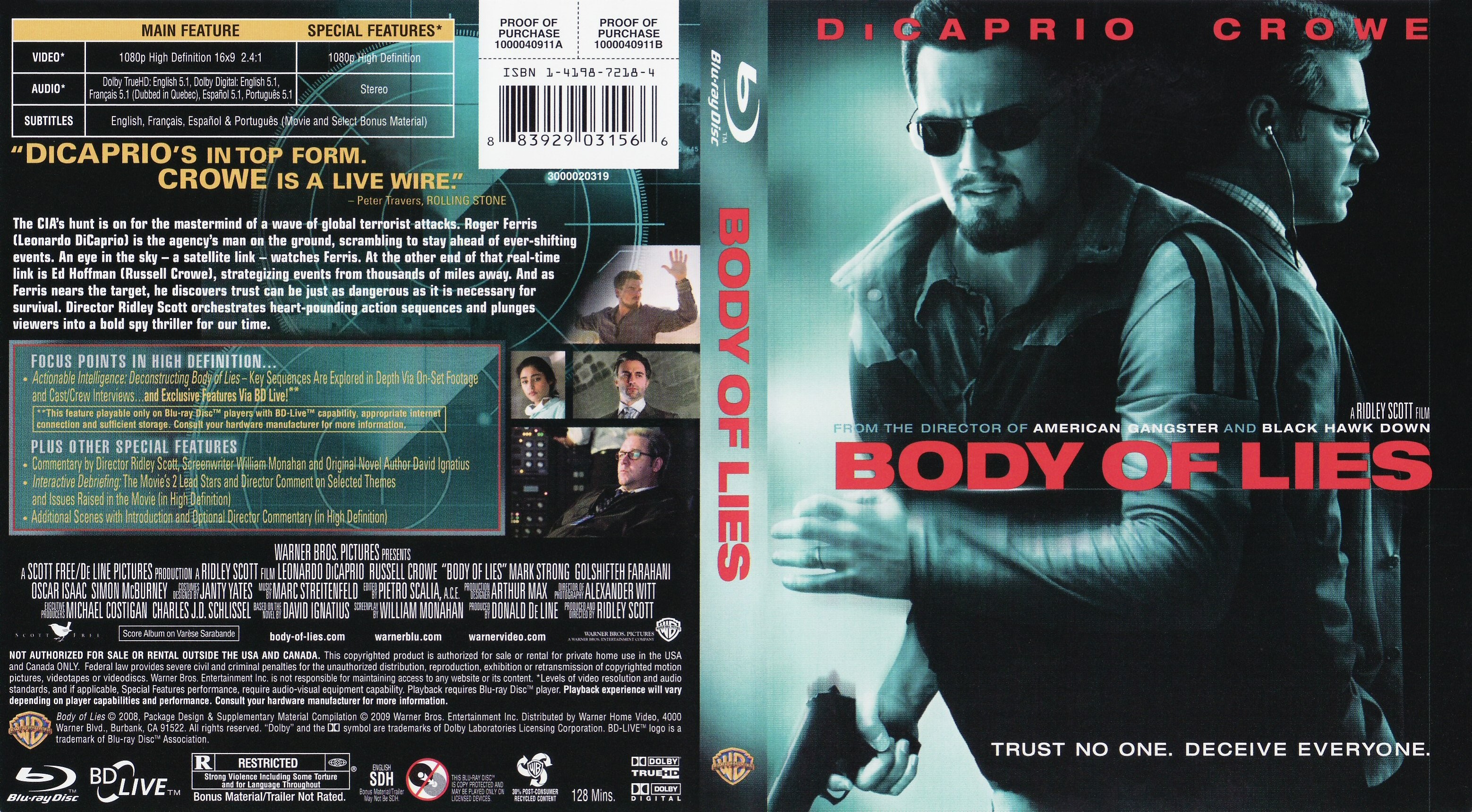 Jaquette DVD Une vie de mensonges - Body of lies (Canadienne) (BLU-RAY)