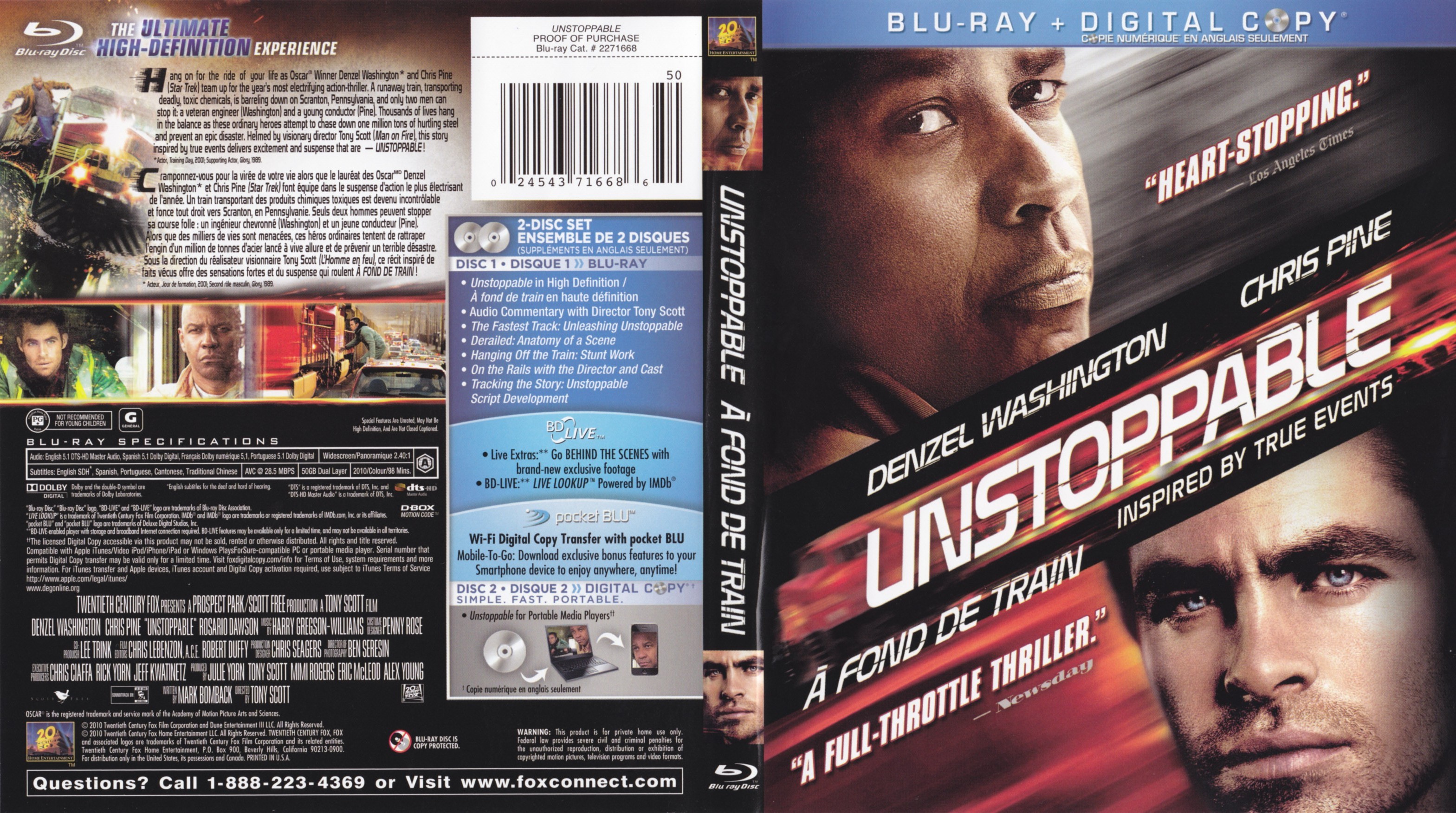 Jaquette DVD Unstoppable - A fond de train (Canadienne) (BLU-RAY)