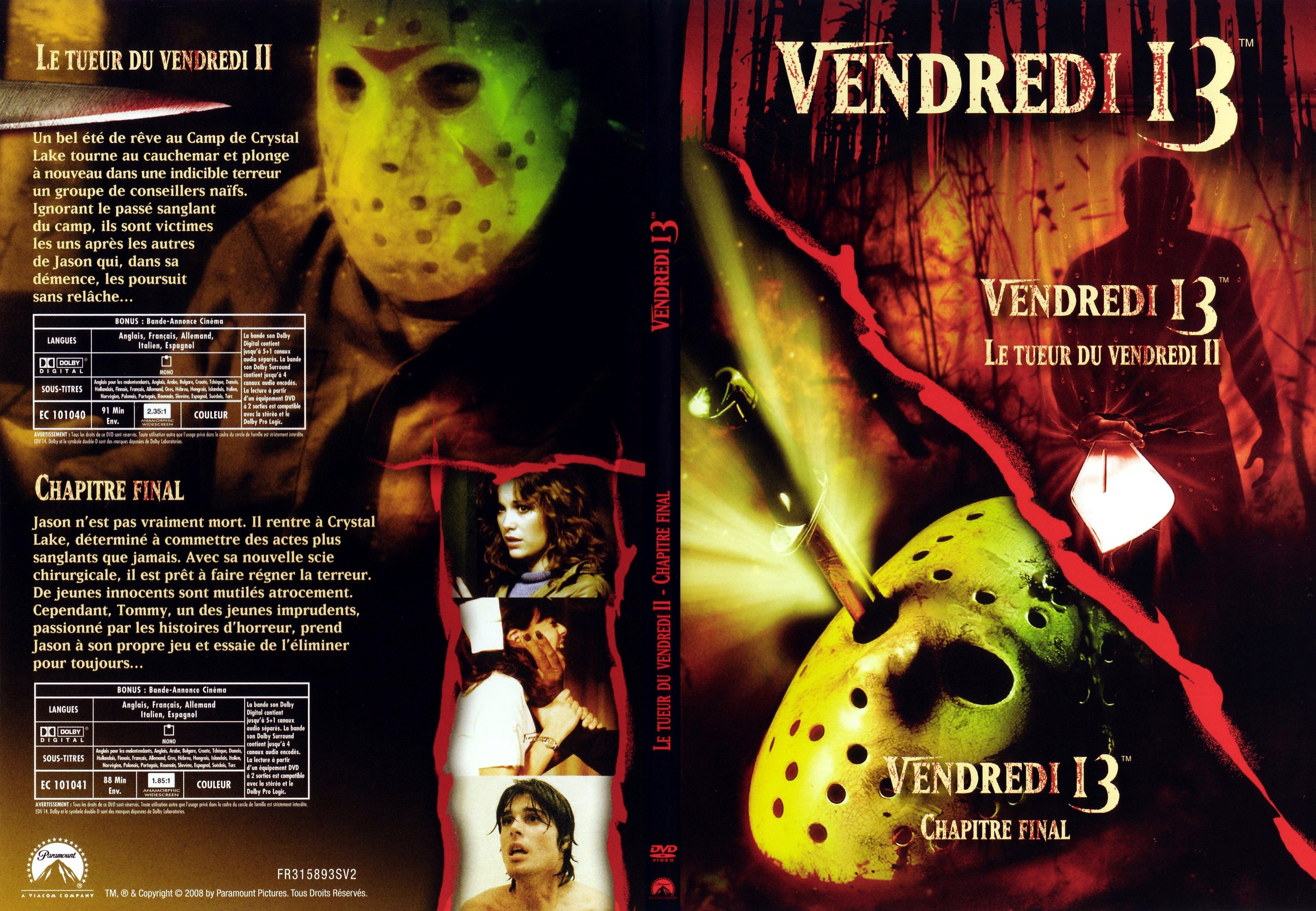 Jaquette DVD Vendredi 13 Le tueur du Vendredi 2 + Chapitre final