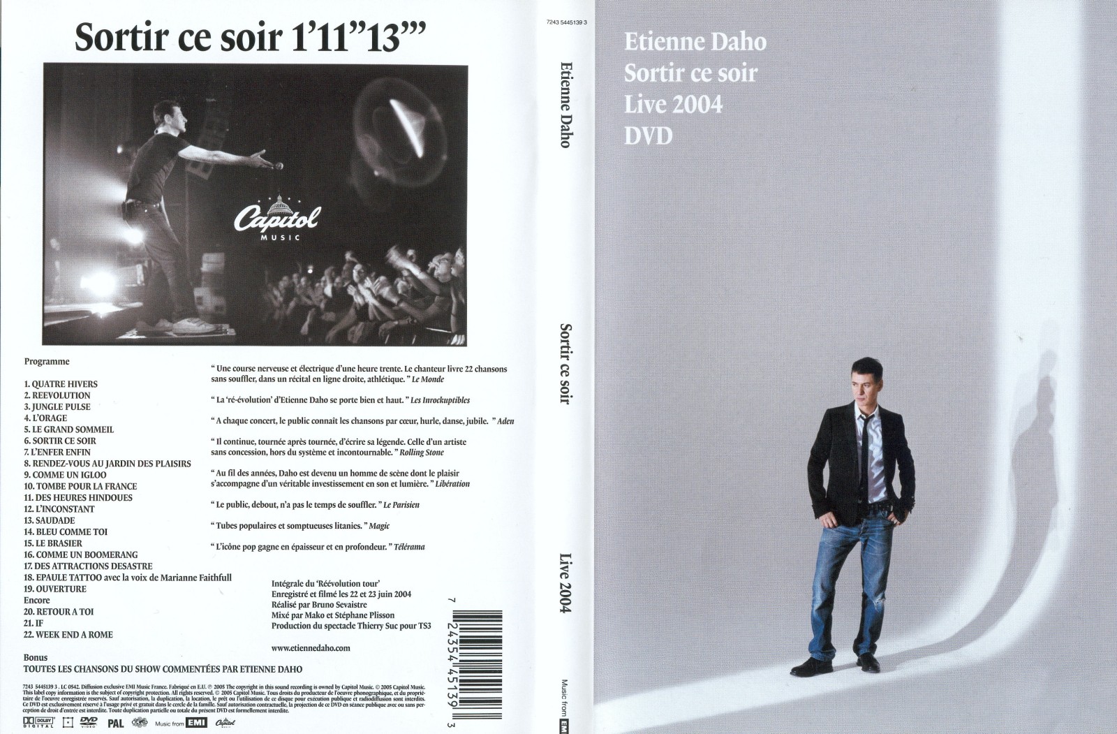 Jaquette DVD Etienne Daho sortir ce soir